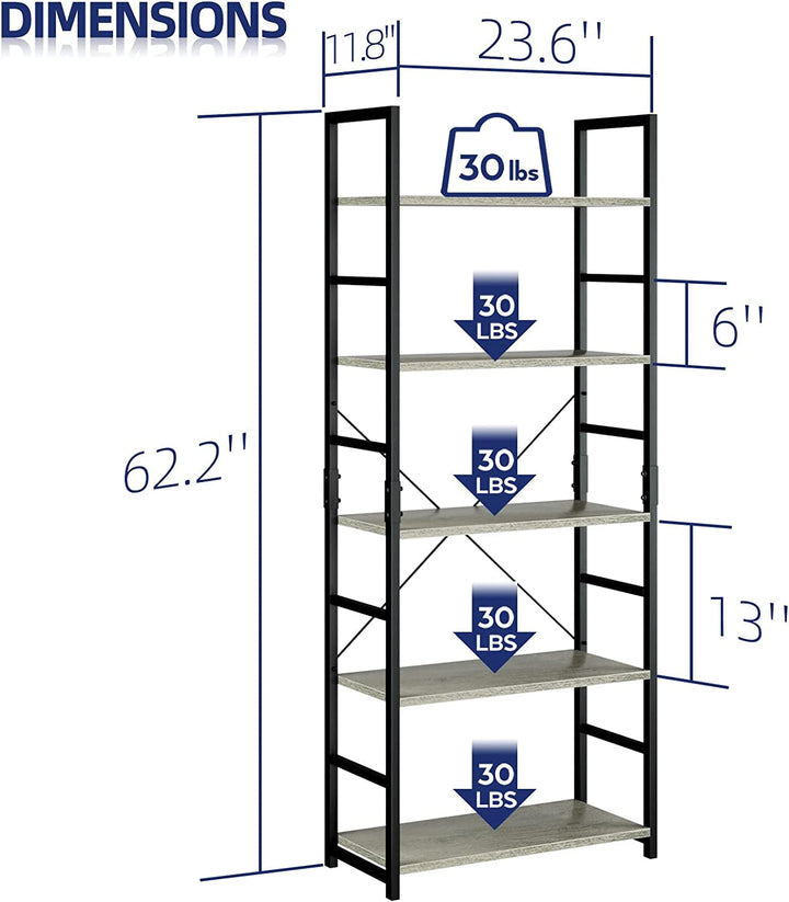 Numenn 5-Tier Industrial Bookshelf – Metal Frame & Teak Particle Board Shelves, 23.6" Wide Modern Bookcase with Fixed Rod Support & Anti-Tip Kit, Storage Rack for Home, Office, Bedroom Peach Maple