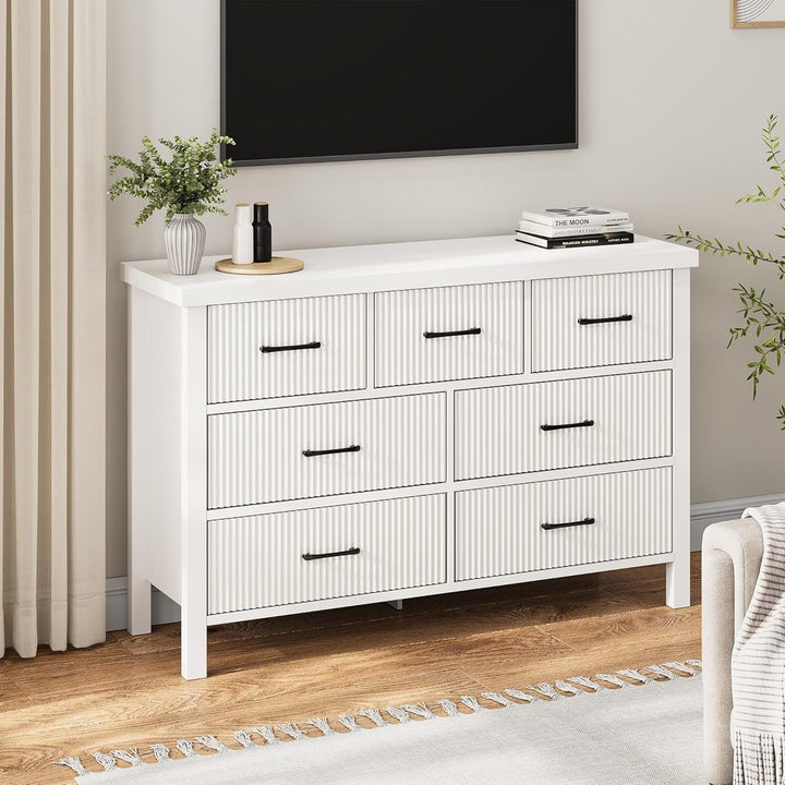 Modern White 7-Drawer Dresser with Fluted Panels – Wide Storage Chest with Black Handles, MDF Wood, for Bedroom, Living Room, or Hallway Peach Maple