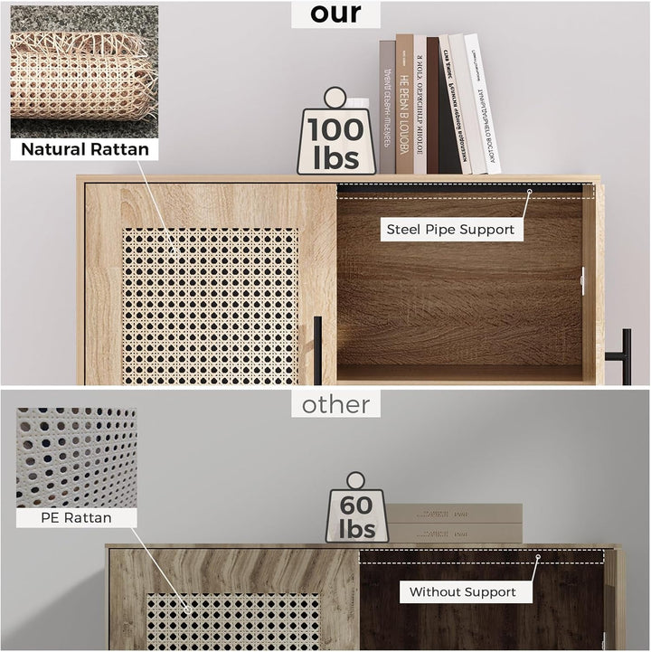 Rattan Door Storage Cabinet Handmade Buffet Sideboard Accent Peach Maple