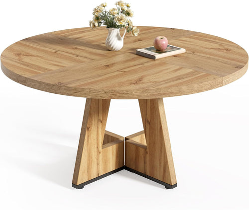 47" Round Farmhouse Dining Table with Pedestal Base – Seats 4-6, Light Brown Peach Maple