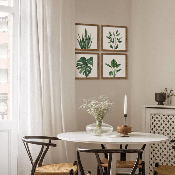 Botanical Framed Wall Art Set – 4-Piece Green Plant Prints with MDF Frames, 10x10 Inches Each, Modern Home Decor Peach Maple