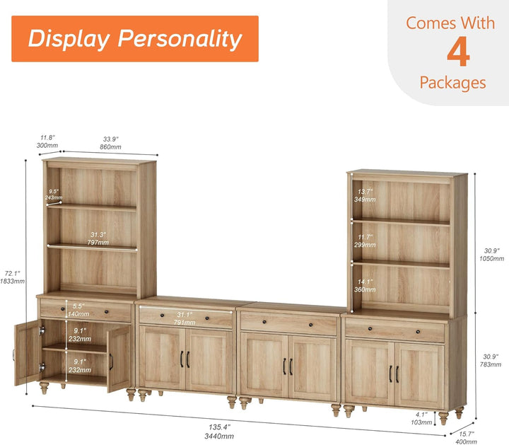 Farmhouse Style Entertainment Center with Bookshelves for TVs Up to 75" Peach Maple