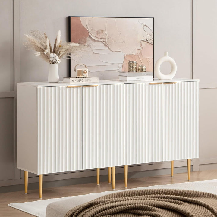 Fluted White Storage Cabinet Set of 2, Wood Sideboard Buffet Cabinet Peach Maple