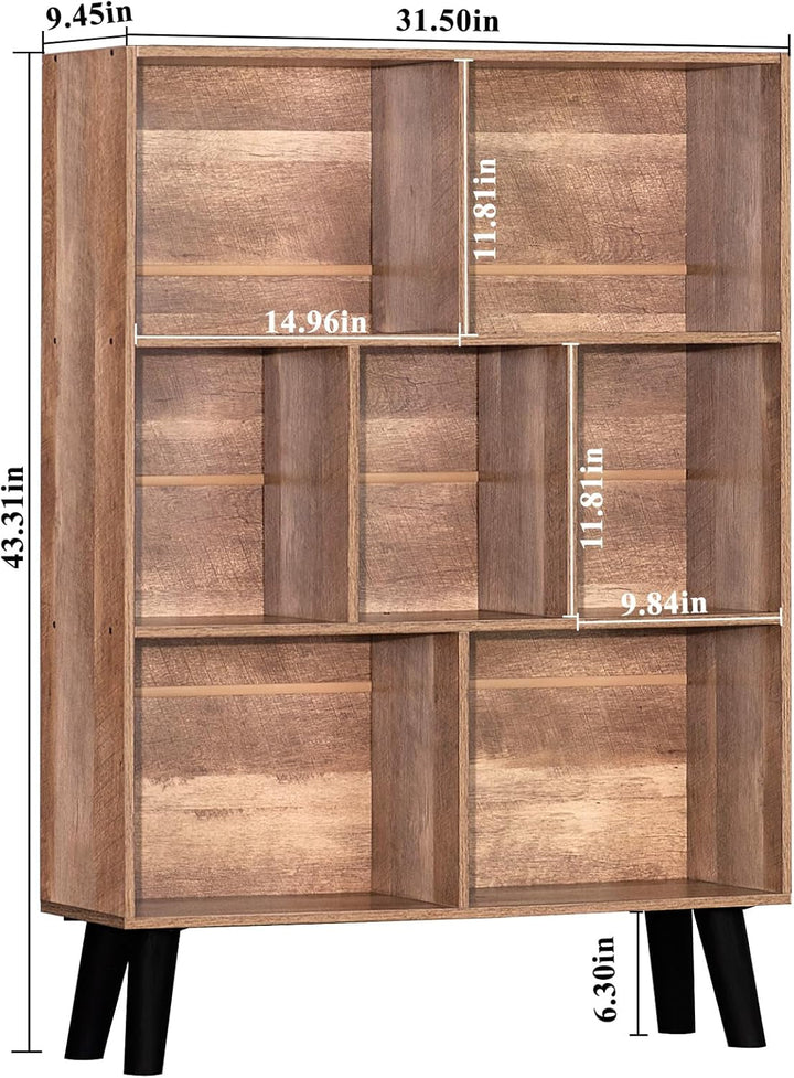 Oak Grey Mid-Century Modern 3-Tier Cube Bookshelf – 7-Cube Wood Storage Organizer for Living Room, Office, or Bedroom Peach Maple