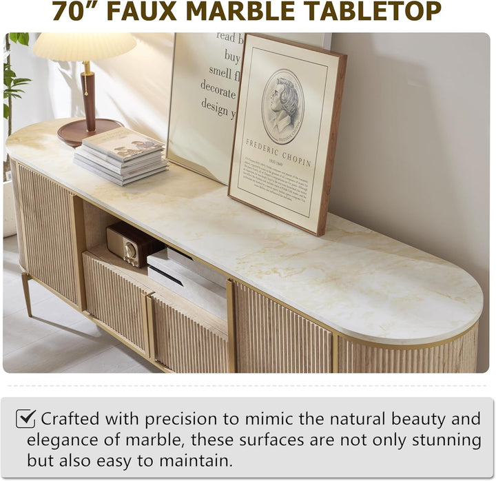 Luxury 70" Fluted TV Stand, Modern Chic Entertainment Center Peach Maple