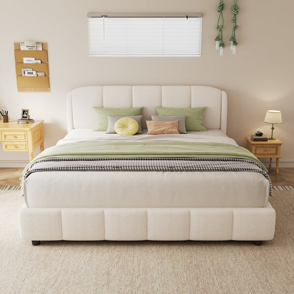 Queen Size Platform Bed with Boucle Fabric, Soft Boucle Fabric Upholstered Platform bed with Curve-Shaped Design Headboard, Beige, Easy Assembly GH Modern Living