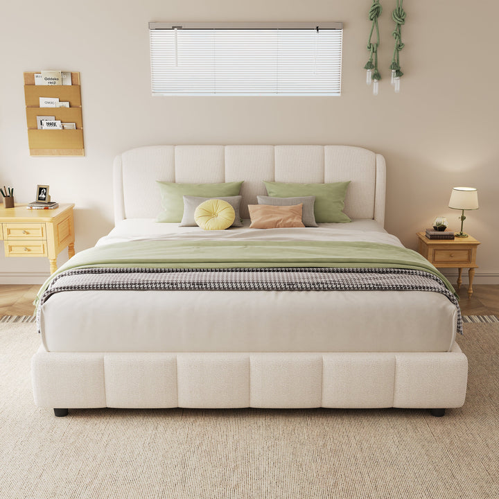 Queen Size Platform Bed with Boucle Fabric, Soft Boucle Fabric Upholstered Platform bed with Curve-Shaped Design Headboard, Beige, Easy Assembly GH Modern Living