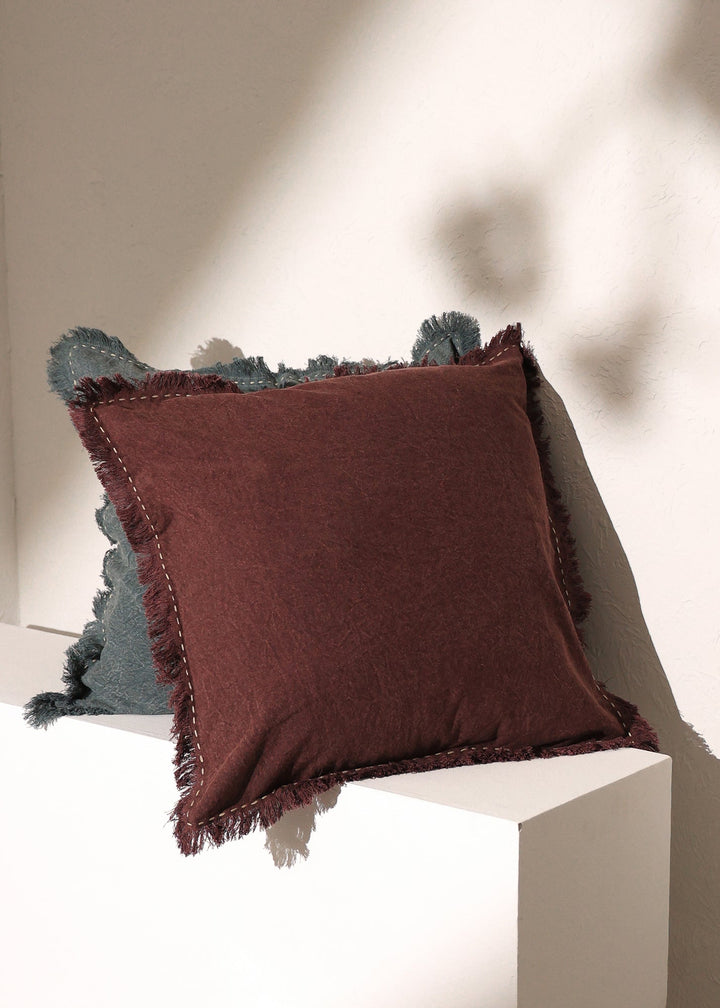 Stonewashed Linen Throw Pillow with Handworked Edges & Fringe -22X22' GH Modern Living