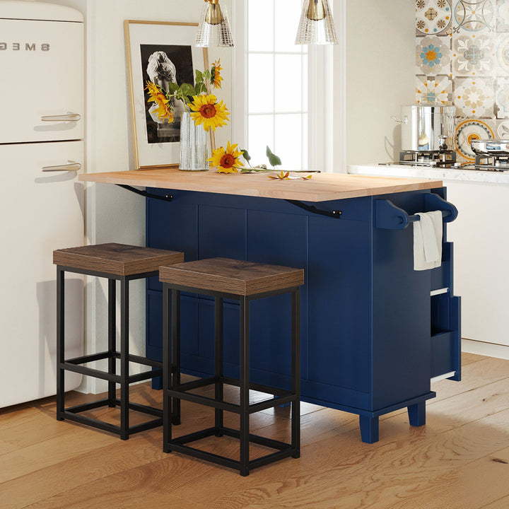 Farmhouse Kitchen Island Set with Drop Leaf Tabletop, 4 Drawers & Adjustable Shelf, Includes 2 Dining Stools – Blue Rubberwood & MDF Storage Island Sangria Beech