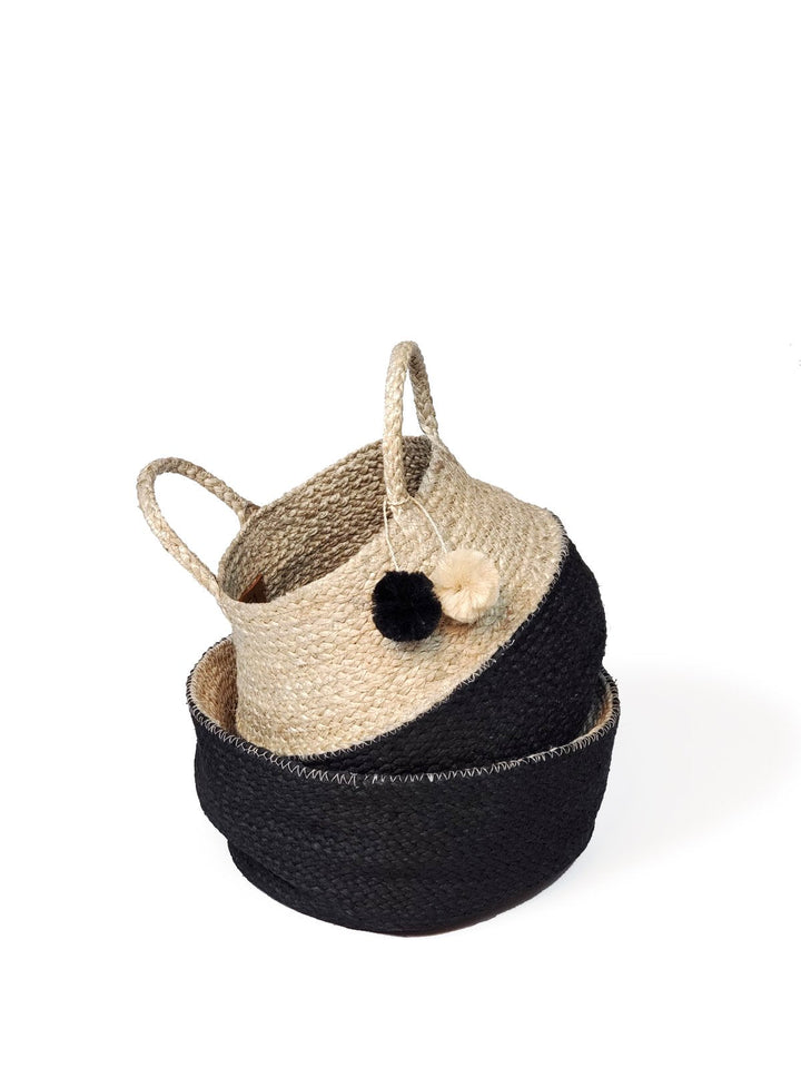 Naiya Foldable Jute Basket Bag – Handwoven Tote for Home & Outings (Natural & Black) Brown Ares