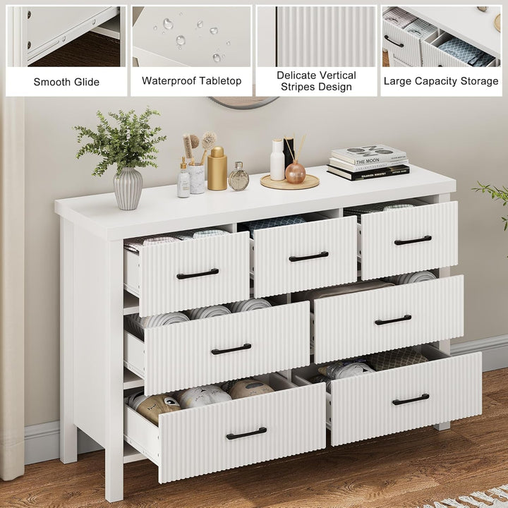 Modern White 7-Drawer Dresser with Fluted Panels – Wide Storage Chest with Black Handles, MDF Wood, for Bedroom, Living Room, or Hallway Peach Maple