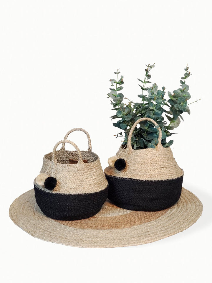 Naiya Foldable Jute Basket Bag – Handwoven Tote for Home & Outings (Natural & Black) Brown Ares