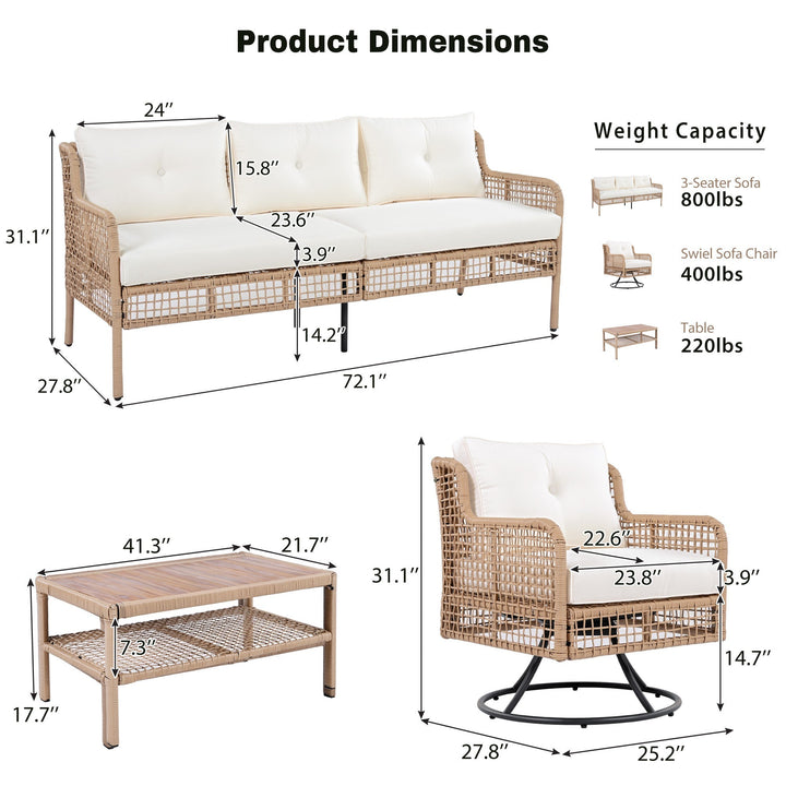 5-Piece Outdoor Patio Furniture Set with 3-Seat Sofa, 2 Swivel Chairs & Wood Coffee Table – PE Rattan Wicker, Beige Cushions, Weatherproof Design Sangria Beech