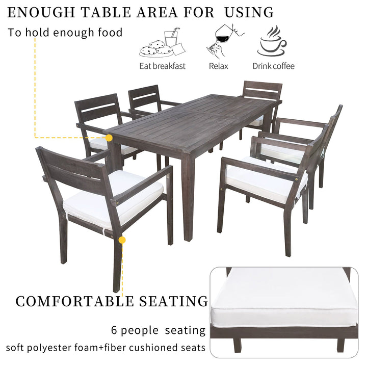 7-Piece Outdoor Acacia Wood Dining Set – Burly Wood Table and 6 Chairs with Cushions, Weather-Resistant Patio Furniture for Garden, Balcony, Backyard Sangria Beech