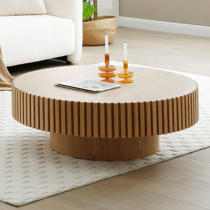 Modern Round Wood Coffee Table – Handcrafted Drum Design, Ash Finish, 31.5" Sangria Beech