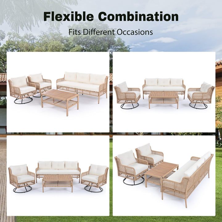 5-Piece Outdoor Patio Furniture Set with 3-Seat Sofa, 2 Swivel Chairs & Wood Coffee Table – PE Rattan Wicker, Beige Cushions, Weatherproof Design Sangria Beech