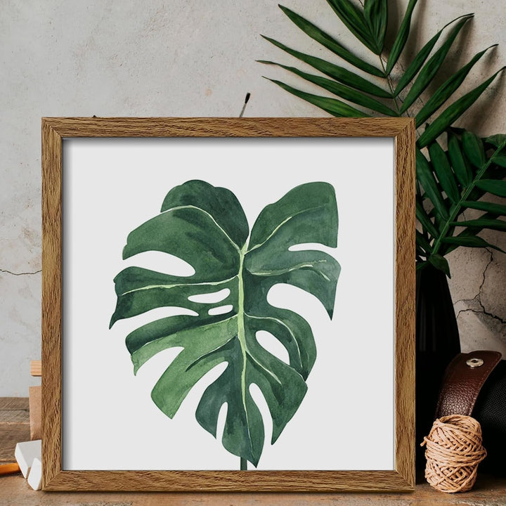 Botanical Framed Wall Art Set – 4-Piece Green Plant Prints with MDF Frames, 10x10 Inches Each, Modern Home Decor Peach Maple