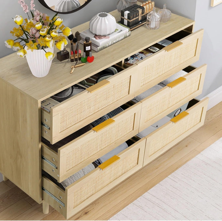 Natural Rattan 6 Drawer Dresser – Stylish MDF Wood Storage with Durable Construction Peach Maple