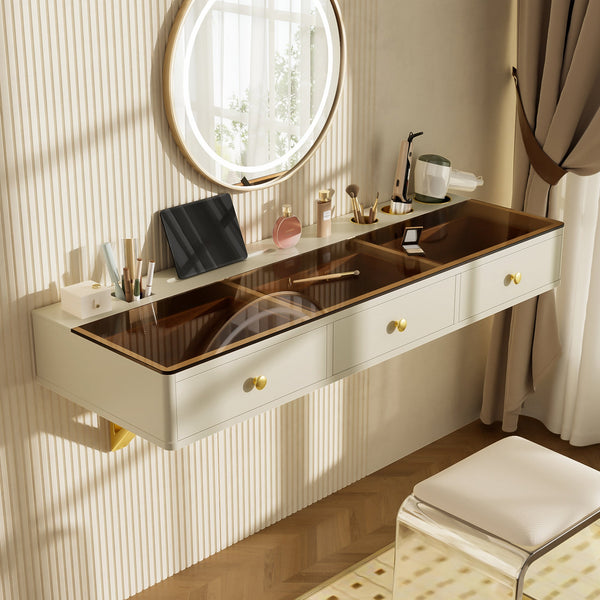 GO 47' Floating Shelf with Drawer, Multi-Purpose Wall-Mounted Vanity Table, Mounted Desk, Floating Table for Bedroom, Bathroom, Hairdressers,  Beige and Golden GH Modern Living