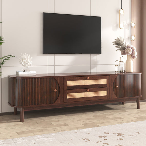 Rattan TV Stand for TVs up to 75'', Modern Farmhouse Media Console, Entertainment Center with Solid Wood Legs, TV Cabinet for Living Room,Home Theatre GH Modern Living