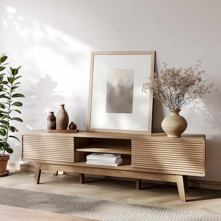 59" TV Console, Mid Century Modern Media Console for 55/60/65 Inch TV Peach Maple