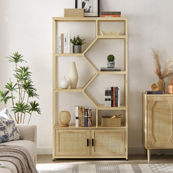 Rattan bookshelf 7 tiers Bookcases Storage Rack with cabinet for Living Room Home Office, Natural, 39.4'' W x 13.8'' D x 75.6'' H. GH Modern Living