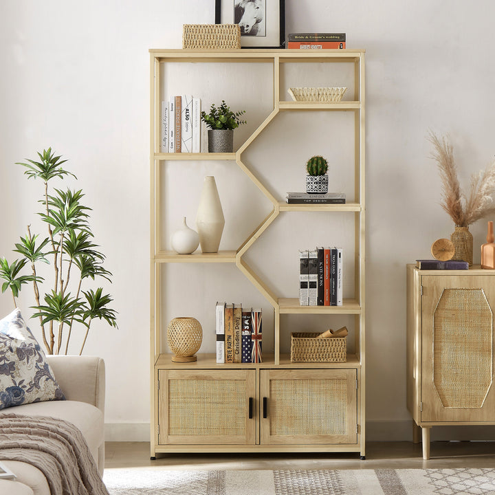 Rattan bookshelf 7 tiers Bookcases Storage Rack with cabinet for Living Room Home Office, Natural, 39.4'' W x 13.8'' D x 75.6'' H. GH Modern Living