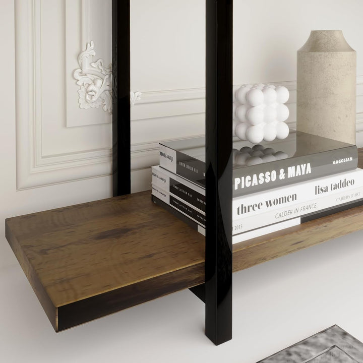 Rustic 5-Tier Bookshelf with Faux Marble Wood Shelves – Industrial Bookcase with Metal Frame and X-Brace, 31.5" Wide Ladder Shelf for Living Room, Kitchen, or Office Peach Maple