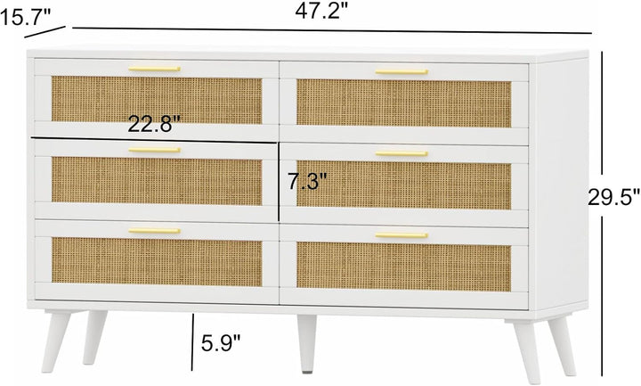 Modern 6 Drawer Double Dresser with Elegant Rattan Accents & Gold Handles – Spacious Storage for Bedroom, Living Room, or Entryway Peach Maple