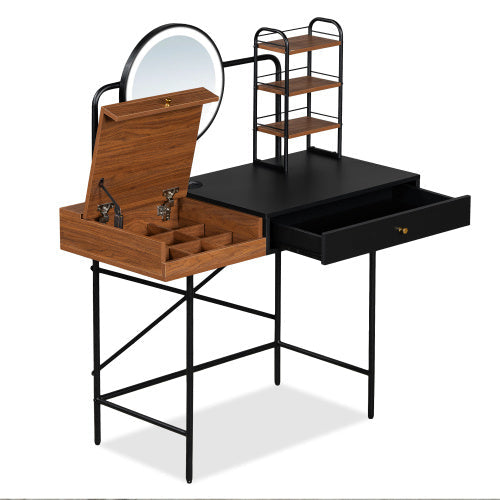 GO 40" Makeup Vanity Desk with 3-Mode LED Lighted Mirror, Wireless Charging Station, Drawer & Open Shelves – Black MDF & Iron Dressing Table for Bedroom CJDropshipping