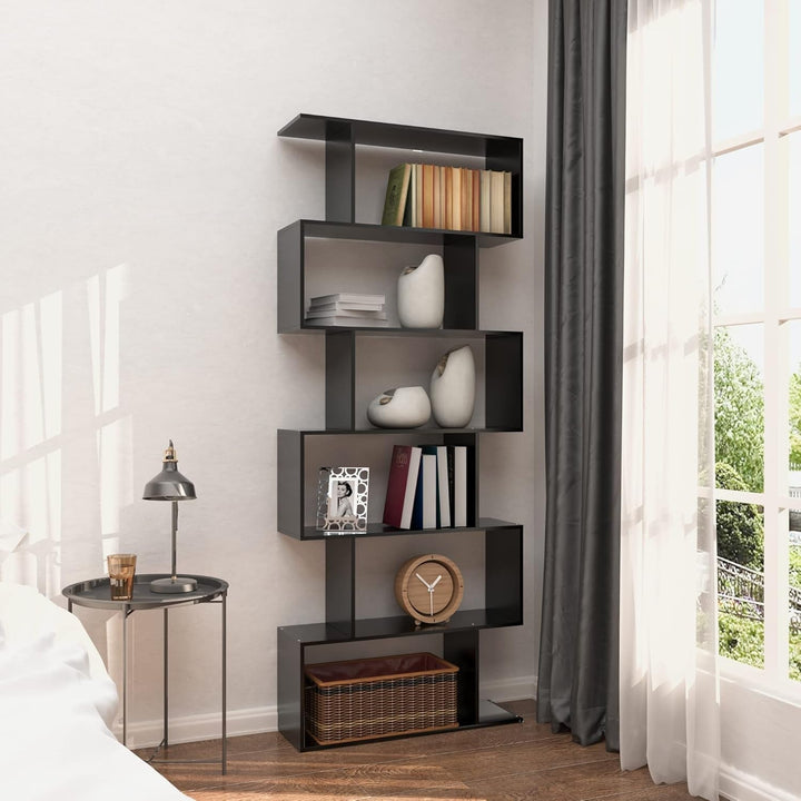 6-Tier Black S-Shaped Modern Geometric Bookshelf – Space-Saving Display & Storage Shelf Peach Maple