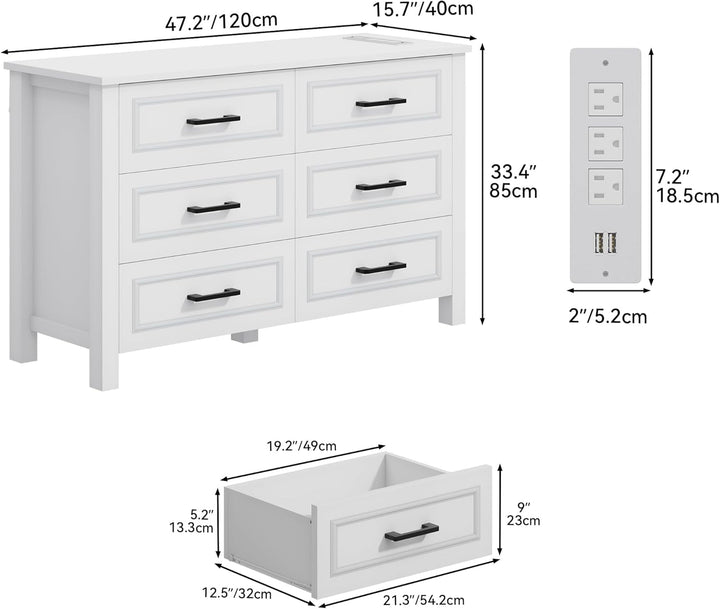 6-Drawer Dresser with Built-in Power Outlet & USB Ports – White Storage Cabinet with Rustic Bar Handles, Anti-Tip Design for Bedroom, Entryway, or Living Room Peach Maple