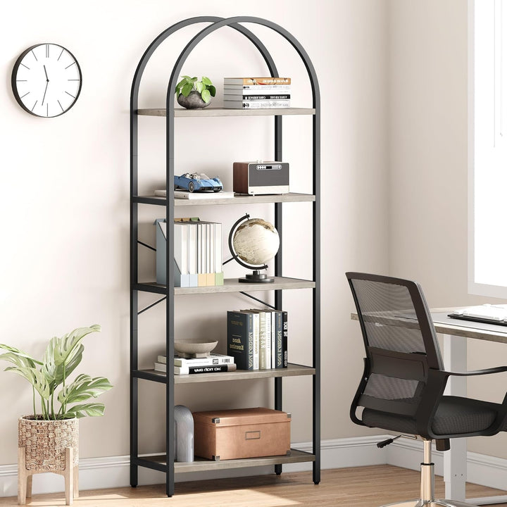IDEALHOUSE 5-Tier Tall Bookshelf with Wood Grain MDF & Metal Frame – Industrial Grey Bookcase with Gold Accents, X-Shaped Support, Adjustable Feet, and Anti-Tip Safety Straps (23.6" W x 70.9" H) Peach Maple