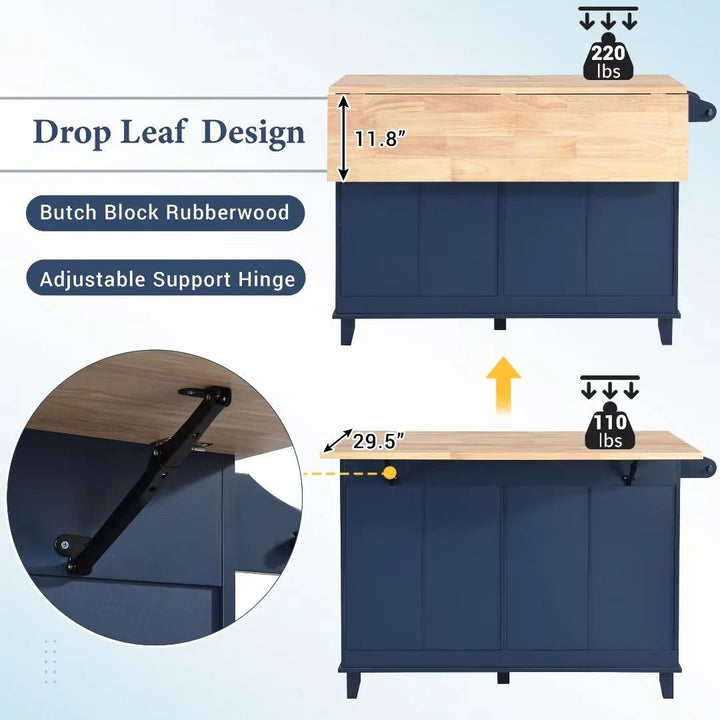 Farmhouse Kitchen Island Set with Drop Leaf Tabletop, 4 Drawers & Adjustable Shelf, Includes 2 Dining Stools – Blue Rubberwood & MDF Storage Island Sangria Beech