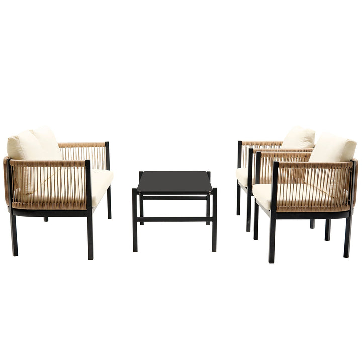 5-Piece Modular Outdoor Sofa Set with Tempered Glass Table – Beige Cushions, PE Wicker & Rust-Resistant Iron Frame Sangria Beech