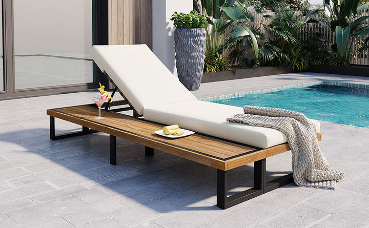 Adjustable Outdoor Chaise Lounge Chair with 5-Position Recline, Acacia Wood Frame & Thick Cushion – Poolside Recliner with Side Table, Beige Sangria Beech