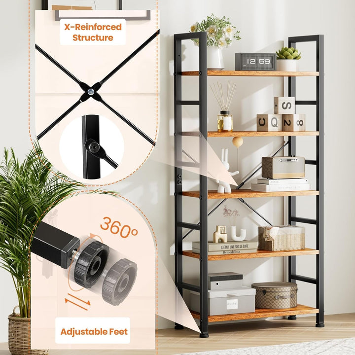 Modern 5-Tier Tall Bookshelf with Metal Frame – Space-Saving Industrial Bookcase Storage Shelf for Living Room, Bedroom, or Office – 62.2" H Freestanding Wood Shelving Unit Peach Maple