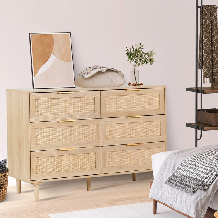 Natural Rattan 6 Drawer Dresser – Stylish MDF Wood Storage with Durable Construction Peach Maple