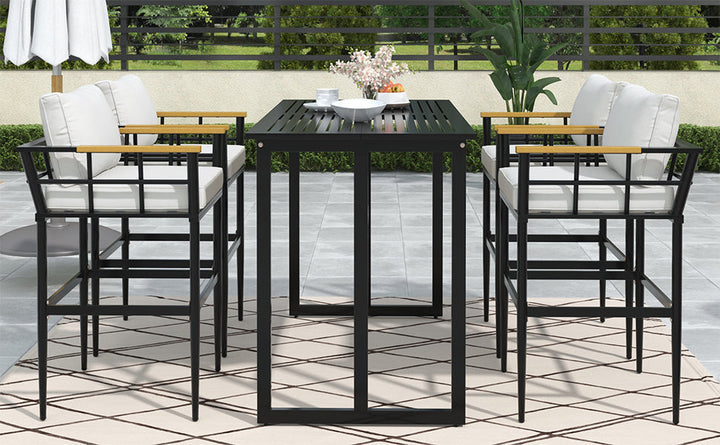 5-Piece Outdoor Dining Set with Iron Table & Acacia Wood Armrests – Beige Cushioned Chairs, High-Back Design for Patio, Garden, or Backyard Sangria Beech
