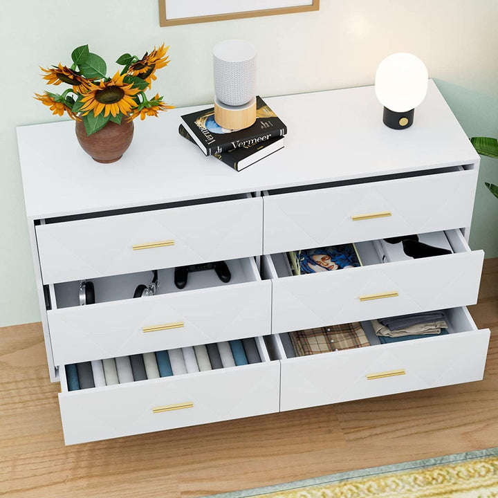 Modern White 6-Drawer Dresser with Gold Handles – Spacious, Sturdy & Stylish Bedroom Storage Chest Peach Maple