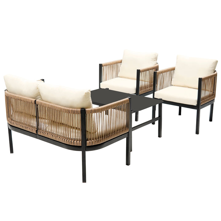 5-Piece Modular Outdoor Sofa Set with Tempered Glass Table – Beige Cushions, PE Wicker & Rust-Resistant Iron Frame Sangria Beech