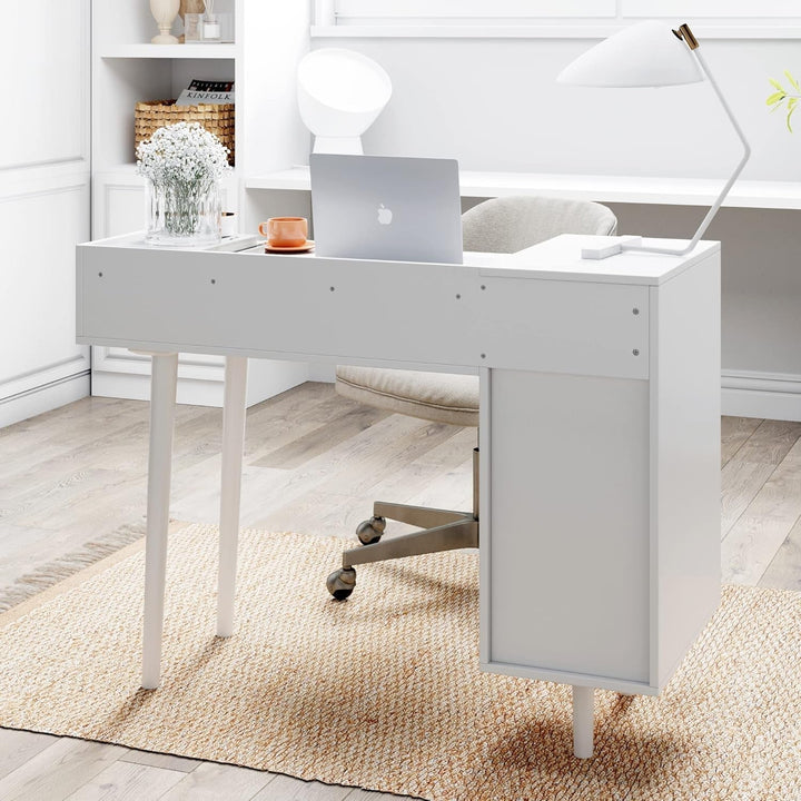 Daisy Mid-Century White Vanity Desk with Brass Knobs – 4-Drawer Makeup Table & Writing Desk for Bedroom or Home Office Peach Maple