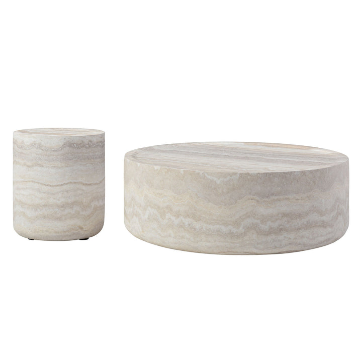 Set of 2 Faux Travertine Round Coffee Table & Side Table – Modern Textured Fiberglass Tables for Living Room Sangria Beech