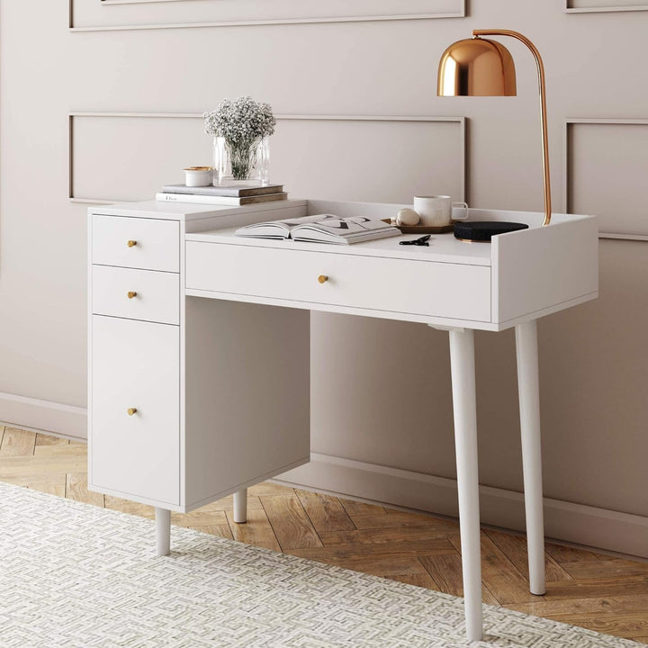 Daisy Mid-Century White Vanity Desk with Brass Knobs – 4-Drawer Makeup Table & Writing Desk for Bedroom or Home Office Peach Maple