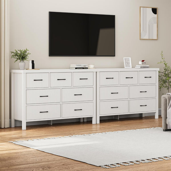 Modern White 7-Drawer Dresser with Fluted Panels – Wide Storage Chest with Black Handles, MDF Wood, for Bedroom, Living Room, or Hallway Peach Maple