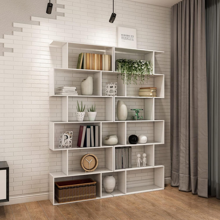 S-Shaped Bookshelf – Modern Geometric 6-Tier White Display Bookcase Peach Maple