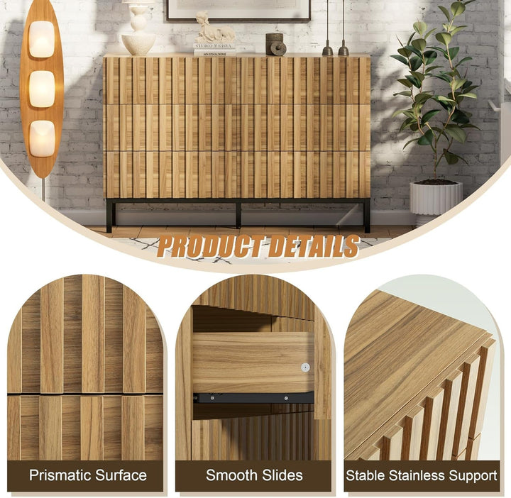 Modern 6-Drawer Wooden Dresser with Vertical Line Accents – Spacious Storage Chest for Bedroom & Living Room Peach Maple