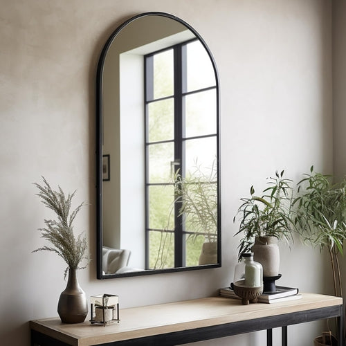 Modern Arched Bathroom Mirror 24"x42" – Shatterproof Copper-Free Silver Glass, Black or Gold Frame, Wall-Mounted or Leaning Peach Maple