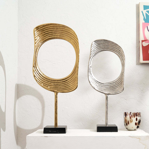 Gold & Nickel Aluminum Ring Sculptures with Black Base – Set of 2 (23' & 21' H) GH Modern Living