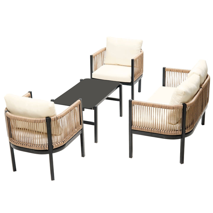 5-Piece Modular Outdoor Sofa Set with Tempered Glass Table – Beige Cushions, PE Wicker & Rust-Resistant Iron Frame Sangria Beech